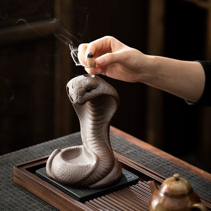 Reverse incense burner, creative ceramic Chinese zodiac snake ornament for incense ceremony with old clay and spirit snake design, suitable for household use with sandalwood and agarwood incense