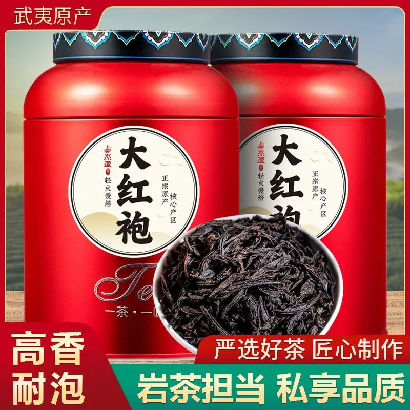 Jieying Dahongpao Tea, authentically produced in Wuyi Mountain. It is a strong-flavor spring tea. It is suitable for personal consumption and is packaged in a gift can of 500g.