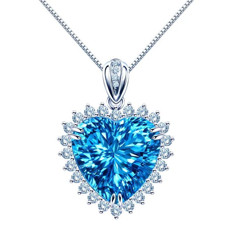 S925 sterling silver ocean heart-shaped collarbone necklace topaz luxury blue pendant romantic