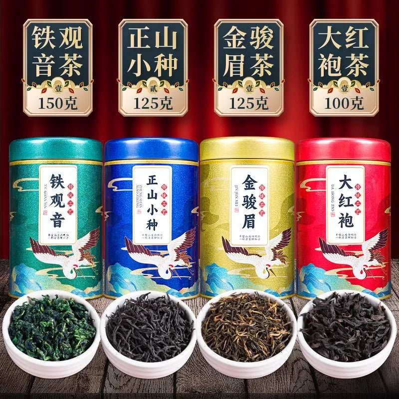 Gift Box Set of Four Famous Teas, including Tieguanyin, Jinjunmei, Lapsang Souchong Black Tea and Dahongpao, with a total weight of 500g. It's an ideal choice for giving as gifts during the Spring Festival.