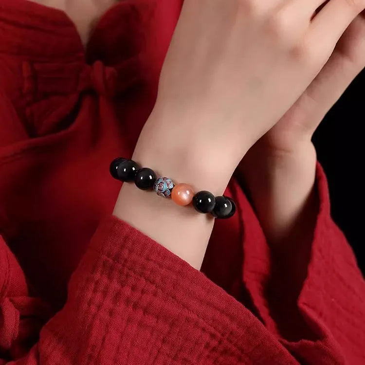 Natural Obsidian Meditation Bracelet, Lotus Beaded Bracelet, Buddhist Beads, Beads Stringing Ornaments, Gifts, Hand Accessories for Men and Women Ornaments