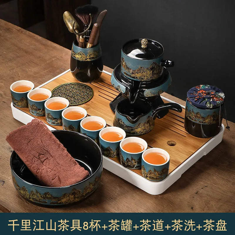 Light luxury automatic tea set with "Thousand Miles of Rivers and Mountains" creative teapot and kung fu tea cups, high-end lazy office teapot.