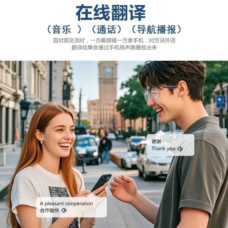 New AI-Powered Smart Real-Time Translation Bluetooth Glasses - Translation 神器 with Hidden Earphones, Capable of Playing Music and Making Calls - Black Technology