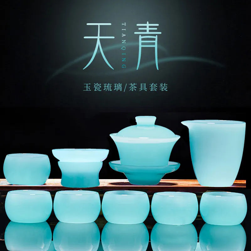 Light luxury high-end loure kung fu tea set, suitable for household, living room, office meeting and gift-giving, with jade porcelain tea cups and gift box