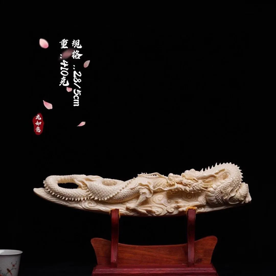 Mammoth Ivory Carved Ornaments: Decorative items suitable for the living room, bedroom, office, study, and entrance hall. They can also be placed on wine cabinets. The design features a dragon and Ruyi.