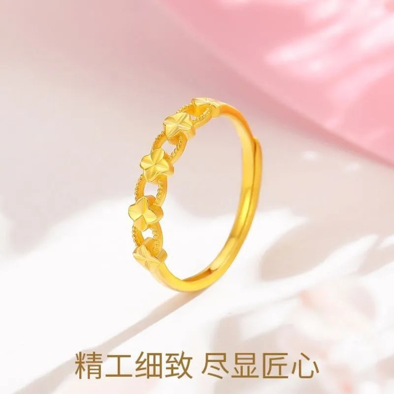 999 Pure Gold Ring for Women. The Carved Flower Four-Leaf Clover Ring shines brightly. It's an adjustable gold finger ring, a perfect gift for your girlfriend.