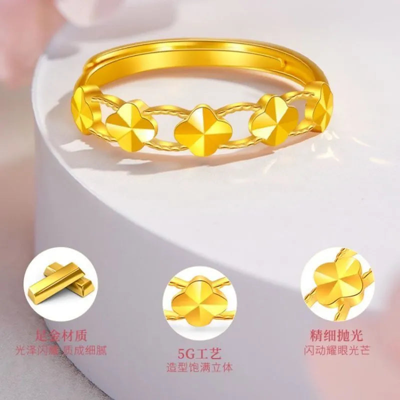 999 Pure Gold Ring for Women. The Carved Flower Four-Leaf Clover Ring shines brightly. It's an adjustable gold finger ring, a perfect gift for your girlfriend.