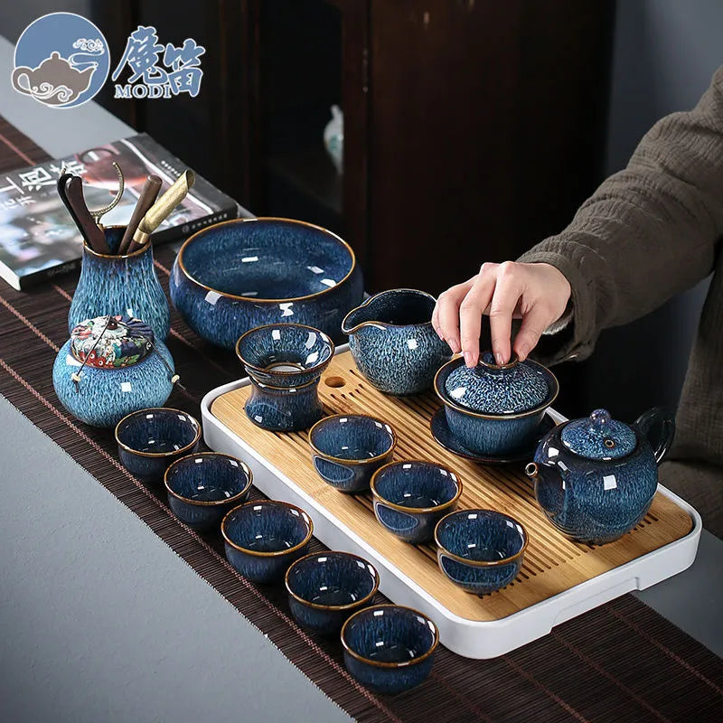 Yao-bian Jianzhan tea set, a complete set of cups, ceramic set, full set of household tea sets, Chinese style, high-end living room