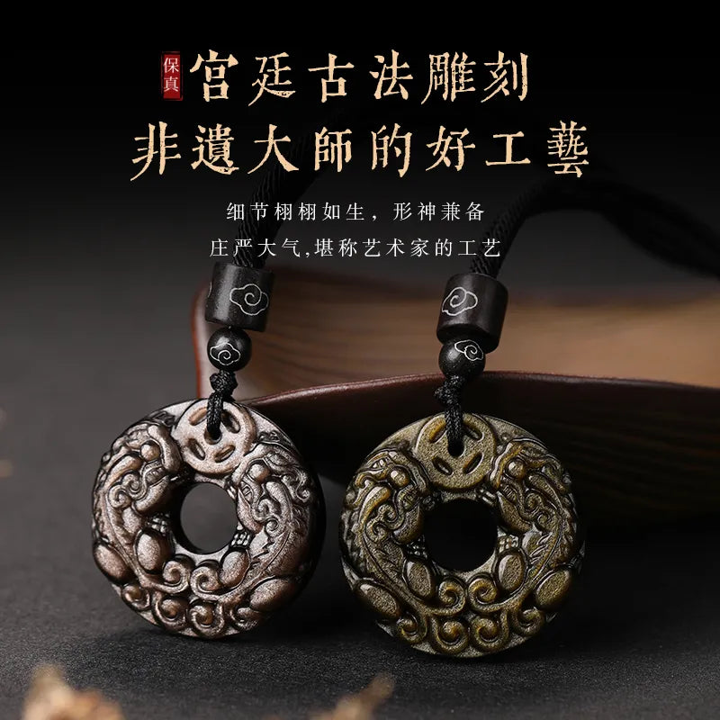 Natural Obsidian Double - sided Pixiu Peace - buckle Pendant, suitable for men's necklaces and women's crystal - adorned hanging ornaments