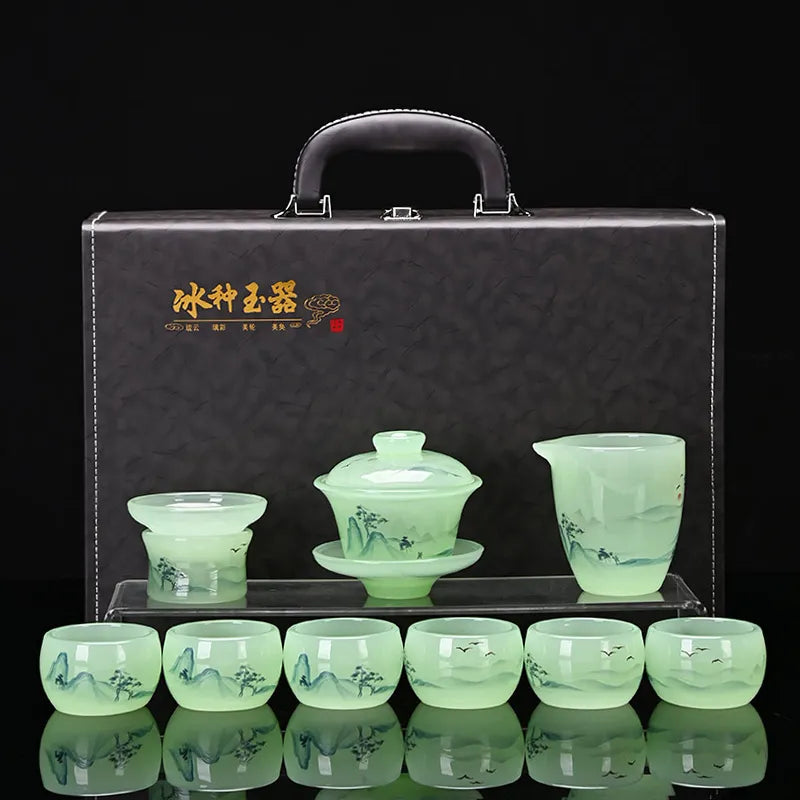 Simple complete set of loure jade porcelain kung fu tea set, suitable for household, living room, office, receiving guests, high-end business and gift box