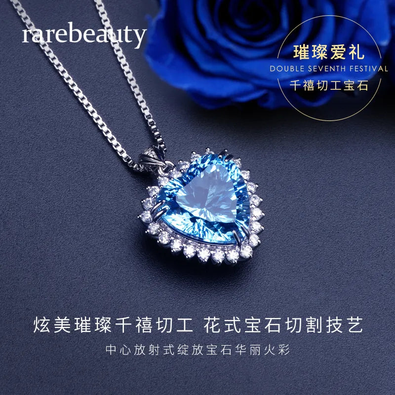 S925 sterling silver ocean heart-shaped collarbone necklace topaz luxury blue pendant romantic