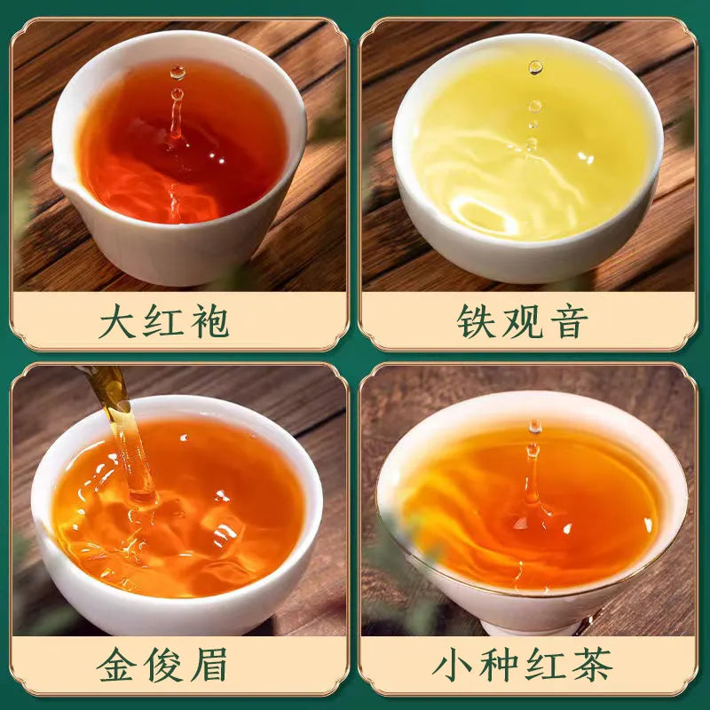 Gift Box Set of Four Famous Teas, including Tieguanyin, Jinjunmei, Lapsang Souchong Black Tea and Dahongpao, with a total weight of 500g. It's an ideal choice for giving as gifts during the Spring Festival.