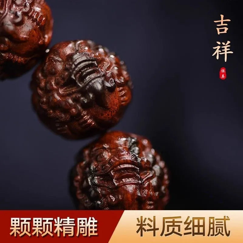 Authentic Collection of Small Leaf Red Sandalwood Pixiu Bracelets and Hand Chains, with Fortune-Telling Carvings, Suitable for Men and Women, as Cultural Playthings, Buddhist Beads, Symbols of Good Luck, Ideal for Gift-Giving and Hand-Playing Ornaments