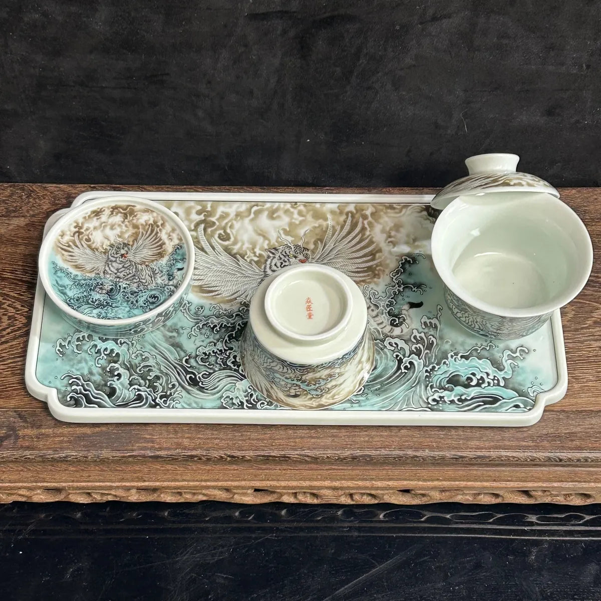 Jingdezhen Ceramic Famille Rose Porcelain "Adding Wings to a Tiger" Tea Tray and Tea Set, Chinese Style High-End Tea Set for Home Use and Gift Giving