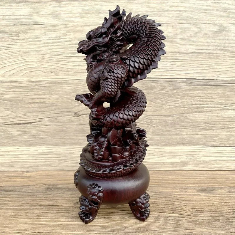 The Ebony Wood Carving Dragon Coiling around the Chinese Dragon Head and Censer Ornament with Treasure Basin, a Wooden Decoration for the Living Room Ornaments