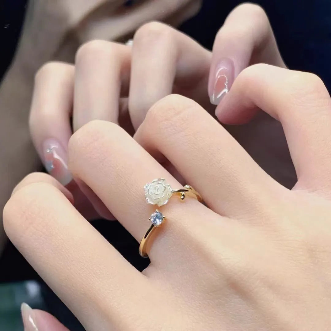 Zhenshangyin S925 Sterling Silver Camellia Adjustable Open - Ring, Unique Light Luxury Goddess Festival Gift for Girlfriend