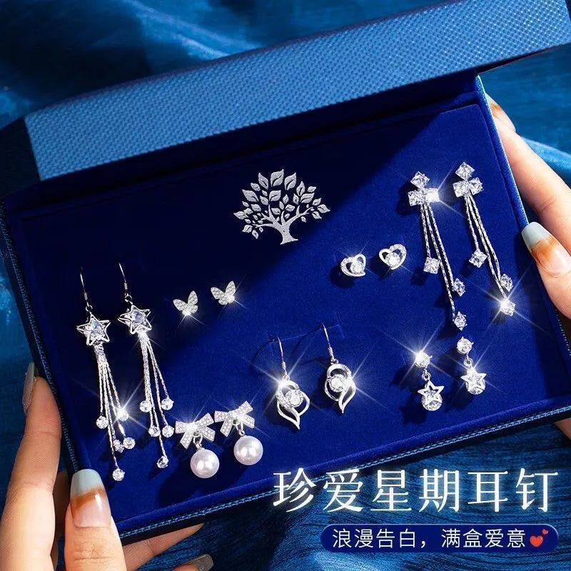 A one-week earring set. 925 sterling silver earrings. A perfect gift for your girlfriend, wife on Valentine's Day, Qixi Festival or for her birthday.
