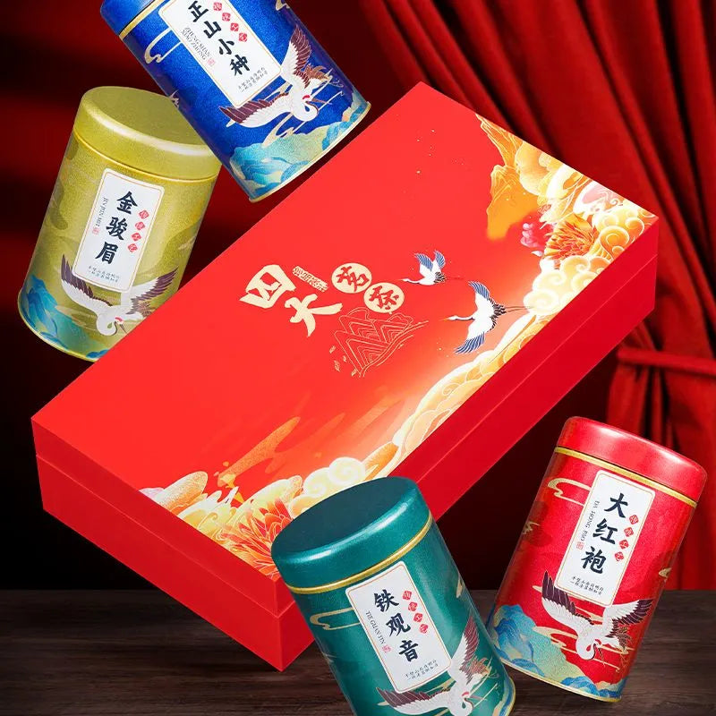 Gift Box Set of Four Famous Teas, including Tieguanyin, Jinjunmei, Lapsang Souchong Black Tea and Dahongpao, with a total weight of 500g. It's an ideal choice for giving as gifts during the Spring Festival.