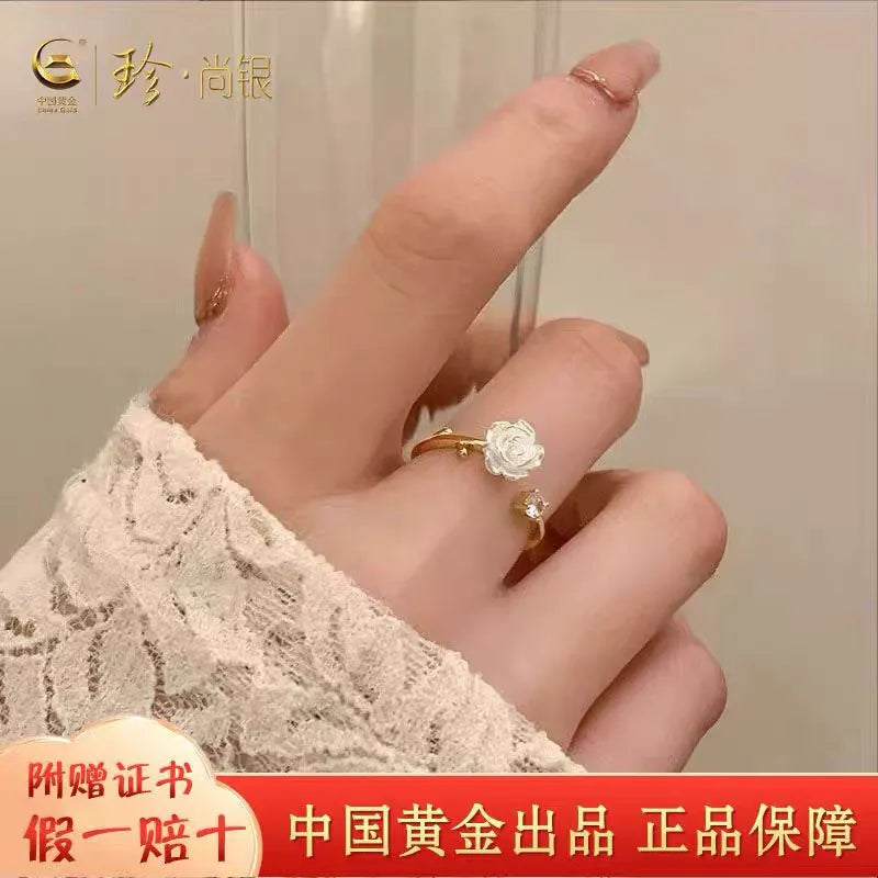 Zhenshangyin S925 Sterling Silver Camellia Adjustable Open - Ring, Unique Light Luxury Goddess Festival Gift for Girlfriend