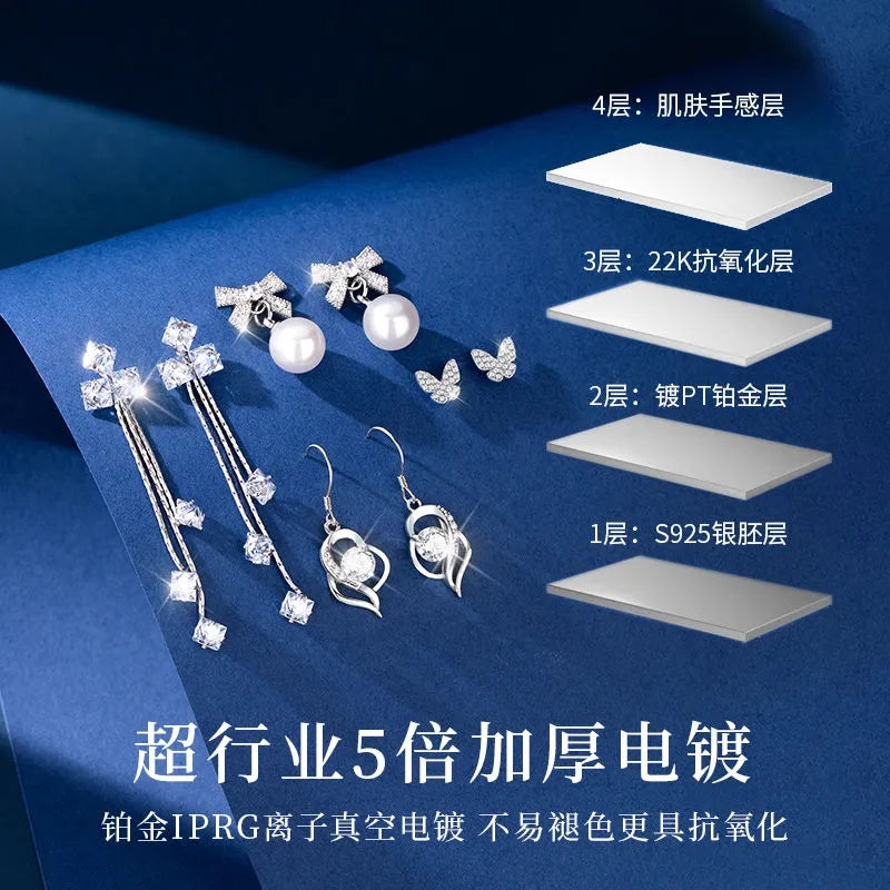 A one-week earring set. 925 sterling silver earrings. A perfect gift for your girlfriend, wife on Valentine's Day, Qixi Festival or for her birthday.