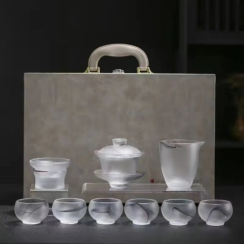 High-end light luxury jade porcelain ink wash glass tea set, kung fu tea cups, office white jade, household and gift-giving covered bowl