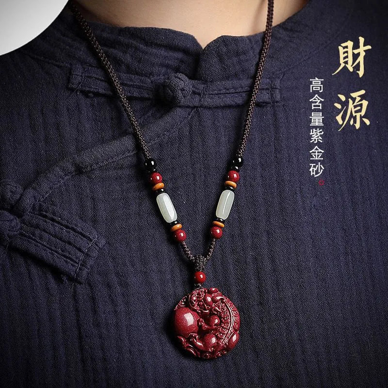 Fortune - enhancing and Wealth - attracting Cinnabar Pixiu Pendant. The responsive Pixiu hanging ornament is a lucky - turning accessory suitable for both men and women, made of purple cinnabar Ornaments