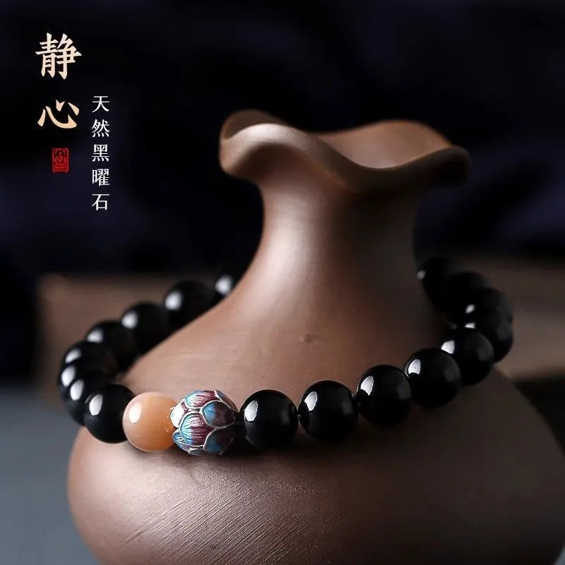 Natural Obsidian Meditation Bracelet, Lotus Beaded Bracelet, Buddhist Beads, Beads Stringing Ornaments, Gifts, Hand Accessories for Men and Women Ornaments