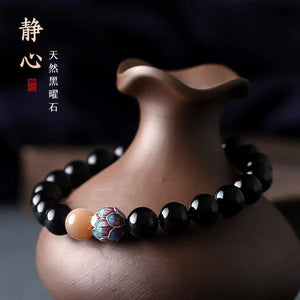 Natural Obsidian Meditation Bracelet, Lotus Beaded Bracelet, Buddhist Beads, Beads Stringing Ornaments, Gifts, Hand Accessories for Men and Women Ornaments