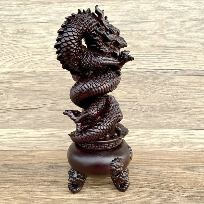 The Ebony Wood Carving Dragon Coiling around the Chinese Dragon Head and Censer Ornament with Treasure Basin, a Wooden Decoration for the Living Room Ornaments