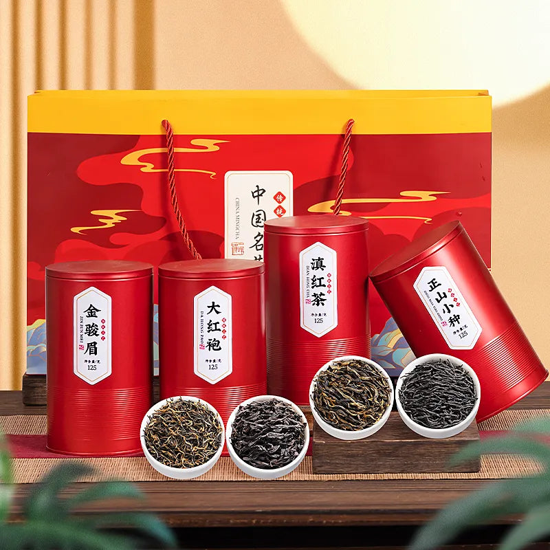 500g Strong Aroma Tea Gift Box of Four Famous Black Teas - Jin Jun Mei, Lapsang Souchong, Yunnan Black Tea, Oolong Tea and Dahongpao。